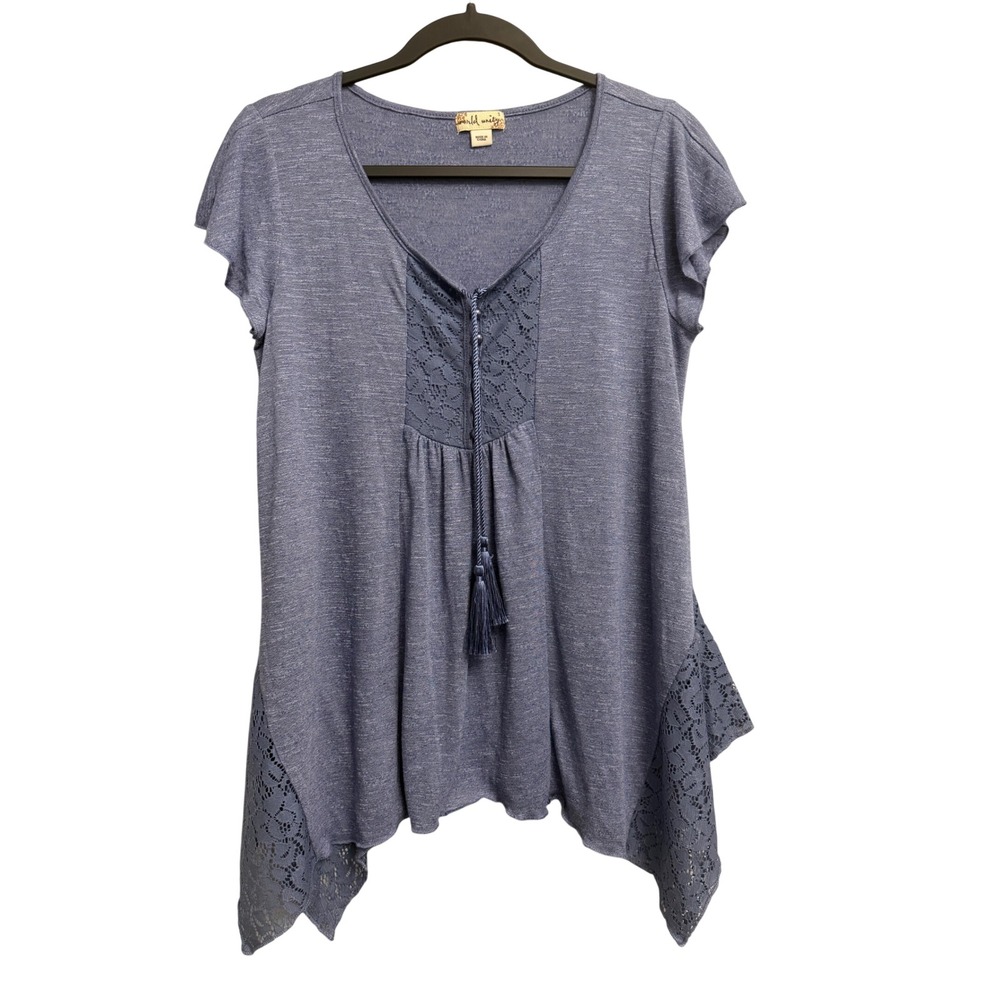 World Unity Blue Lace Crochet Sharkbite Hem Tunic Top Tassel V-Neck Small